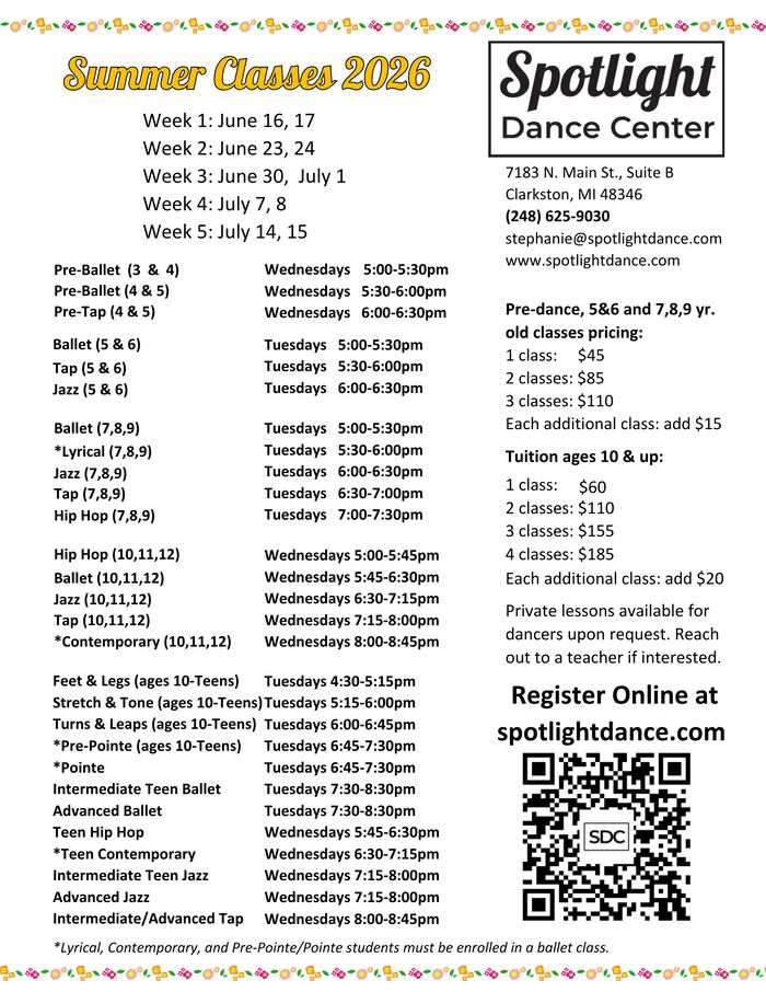 Summer Classes 2026 schedule flyer
