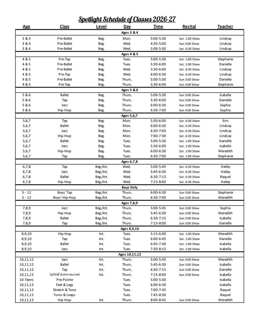 Downloadable class schedule flyer